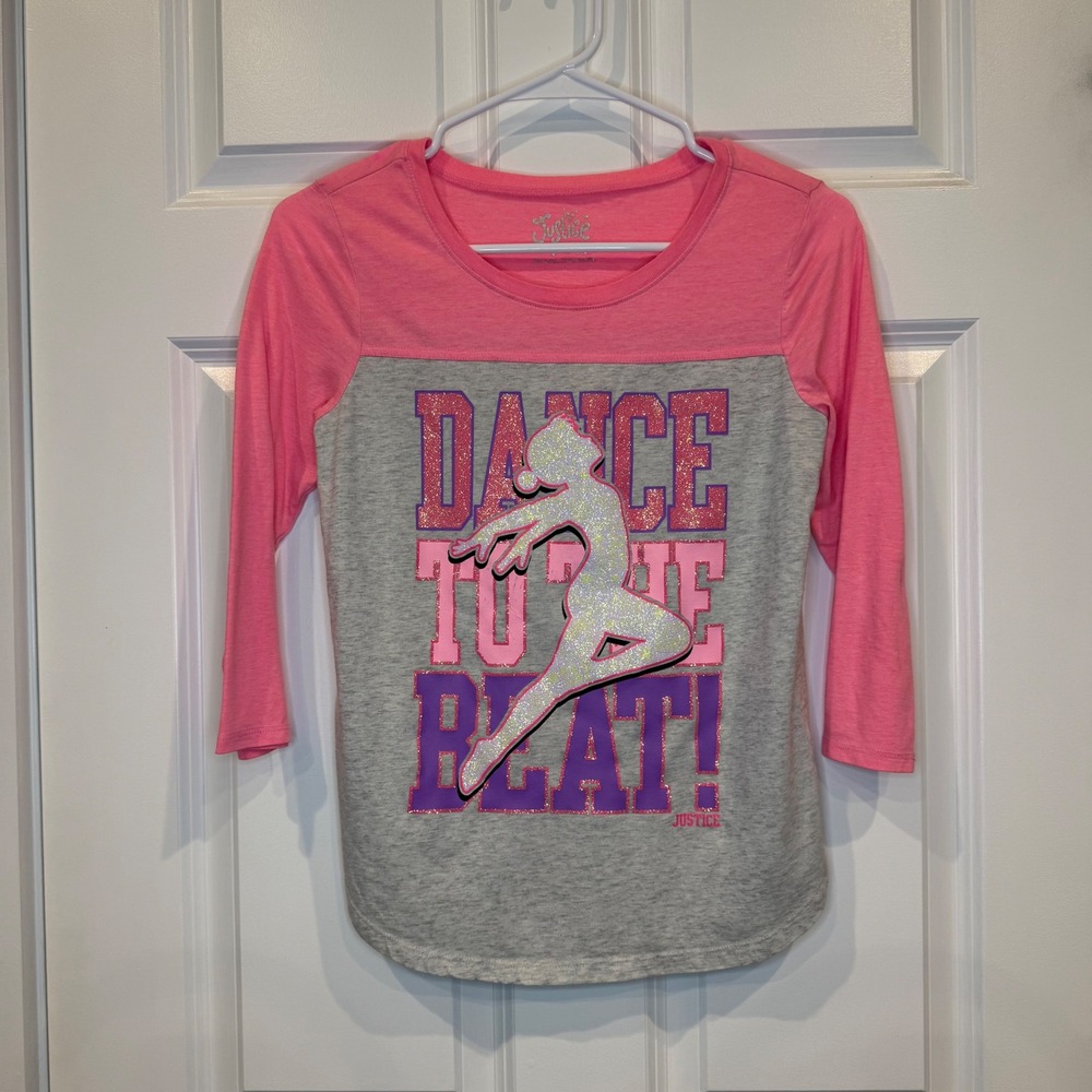 Justice Girls Pink‎ Gray Dance To The Beat 3/4 Sleeve Shirt Size 14